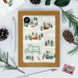 Little Log Cabins Christmas cards - pack of 8 cards - Illustrated Christmas Card Set of 8 - Charity cards - Eco friendly