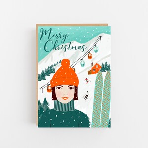 Feliz Navidad Esquiador - Tarjeta de Navidad Ilustrada - Juego de Tarjetas de Navidad - Sin Plástico - Tarjetas de Caridad