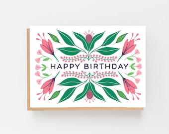 Florale Happy Birthday Karte | Botanische Geburtstagskarte | Florale Volksgeburtstagskarte -| Blumen Geburtstagskarte | Herbst design