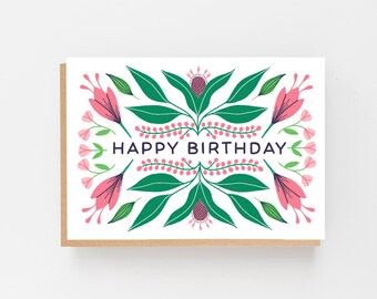 florale de joyeux anniversaire | carte d'anniversaire botanique | Carte d'anniversaire folklorique florale | Carte d'anniversaire florale | Modèle d'automne