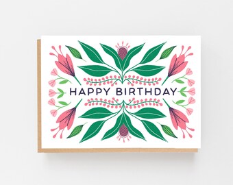 Florale Happy Birthday Karte | Botanische Geburtstagskarte | Florale Volksgeburtstagskarte -| Blumen Geburtstagskarte | Herbst design