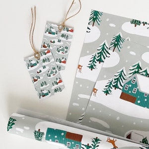 Little Log Cabins in the Snow Recyclable Wrapping Paper Set Eco Friendly Gift Wrap & Tags image 3