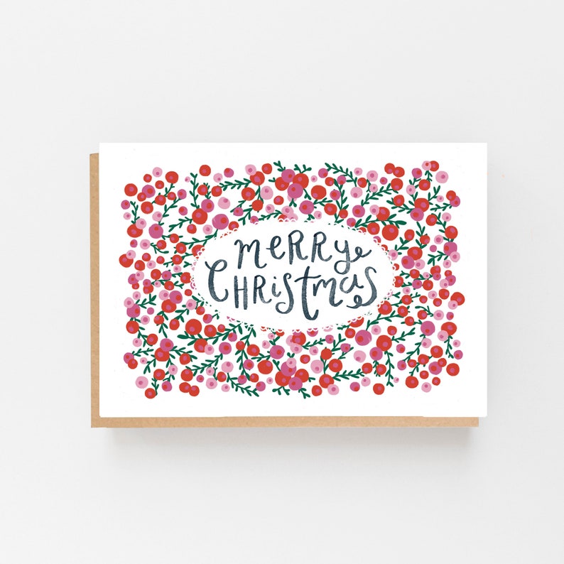 Merry Christmas Red & Pink Berries Multipack Card Set x 8 Christmas Card Pack x 8 Christmas Card Set of 8 Charity Cards image 2