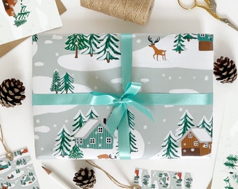 Kleine blokhutten in de sneeuw Set recyclebaar inpakpapier - Milieuvriendelijke cadeauverpakking en labels