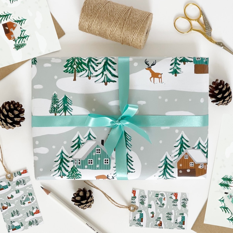 Little Log Cabins in the Snow Recyclable Wrapping Paper Set Eco Friendly Gift Wrap & Tags image 1