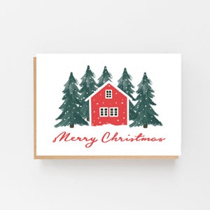 Biglietto di auguri "Buon Natale" della casa rossa scandinava - Casa invernale - Casa di Natale innevata - Buon Natale - Natale scandinavo