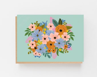 Colourful Green Flowers Blank Greeting Card