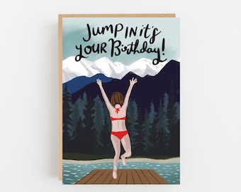 Swimmer Birthday Card: Wild Water Adventure, Recycled Kraft Envelope