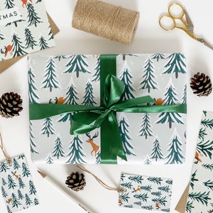 Reindeer and Christmas Tree Recyclable Wrapping Paper Set - Eco Friendly Gift Wrap & Tags