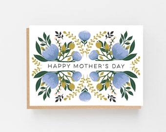 Floral Mother&#39;s Day Card: Blue & Gold Illustrated Design