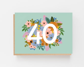 Floral Birthday Card for 40th Celebrations | Colourful Floral 40th Birthday Greeting Card