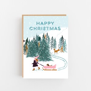 Happy Christmas Card - Meisje op zoek naar een kerstboom - kerstkaart