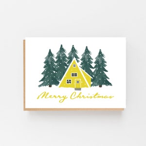 Carte scandinave de la Maison Jaune « Joyeux Noel » - Maison d’hiver - Maison de Noël enneigée - Joyeux Noël - Noël scandinave