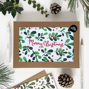 Cartes de joyeux Noël gui - lot de 8 cartes - lot de 8 cartes de Noël illustrées - cartes de charité - respectueux de l'environnement