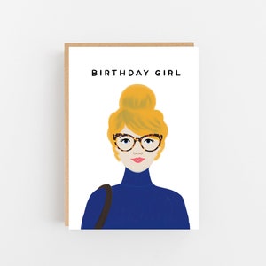 Karte zum Geburtstag – blonde Mädchen-Geburtstagskarte – stilvolle Mädchen-Karte – Mädchen mit Brille Geburtstagskarte