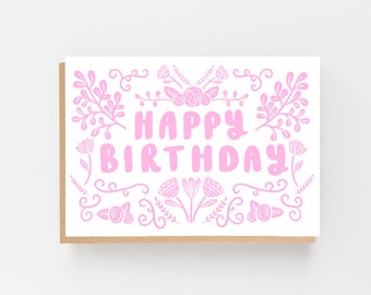 Personalized Greetings | Folk Pink Floral Vintage Birthday Card | Biodegradable Sleeve | Luxurious Textured Paper | Eco-friendly Materials