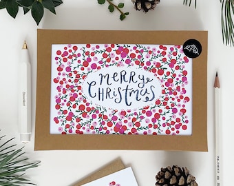 Merry Christmas Red & Pink Berries Multipack Card Set x 8 - Christmas Card Pack x 8 - Christmas Card Set of 8 - Charity Cards