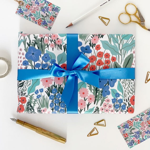 Blue Flower Meadow Recyclable Wrapping Paper Set BLUE Eco Friendly Gift  Wrap & Tags 