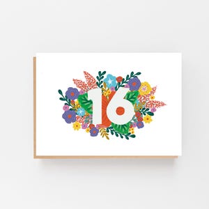 Bunte Karte zum 16.Geburtstag - Florale botanische Farbkarte