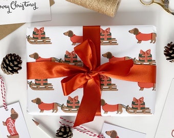 Christmas Dachshund and Sledge Recyclable Wrapping Paper Set - RED Eco Friendly Gift Wrap & Tags