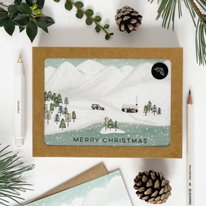 Snowy Mountains Merry Christmas-kaarten - pakje van 8 kaarten - Geïllustreerde kerstkaartenset van 8 - Liefdadigheidskaarten - Eco-vriendelijk
