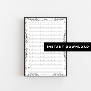 PRINTABLE Perpetual Birthday Calendar - Birthday Calendar - Wall Planner - Birthday Planner - Digital Download - Printable PDF