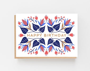 Floral Folk Art Happy Birthday Card: Botanical Design