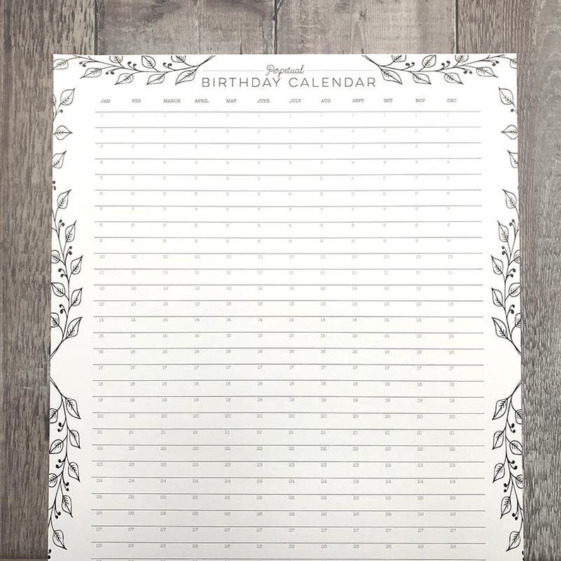 PRINTABLE Perpetual Birthday Calendar Birthday Calendar Etsy