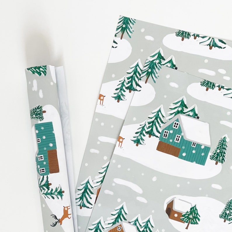Little Log Cabins in the Snow Recyclable Wrapping Paper Set Eco Friendly Gift Wrap & Tags image 2