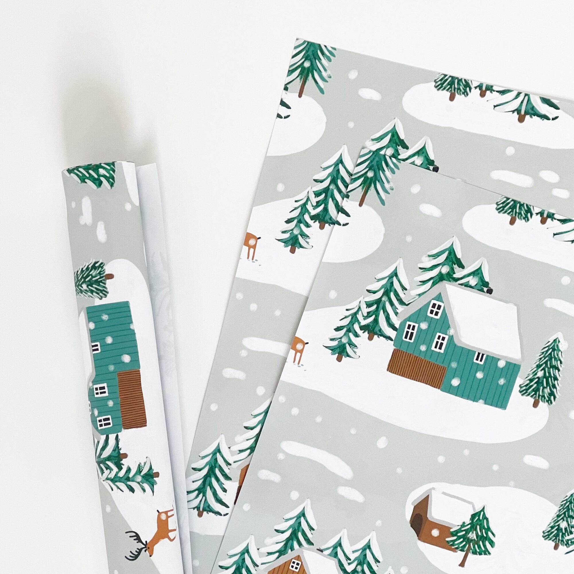 Log Pattern Wrapping Paper Little Log Cabins in the Snow Recyclable Wrapping Paper Set - Eco ...