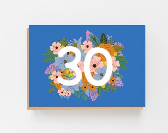 30th Birthday Card in blue - Floral Birthday Card
