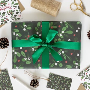 Christmas GREEN Mistletoe Recyclable Wrapping Paper Set - GREEN Eco Friendly Gift Wrap & Tags