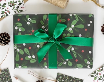 Christmas GREEN Mistletoe Recyclable Wrapping Paper Set - GREEN Eco Friendly Gift Wrap & Tags