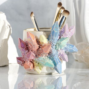 Aura Rainbow Crystal Tumbler | Handmade ceramic brush holder for an elegant way to display your makeup brushes with natural beauty