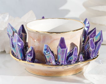 Aura Crystal Cup and Saucer Set | CHOOSE YOUR COLOR | Unique handmade ceramic cup and saucer set for tea lovers