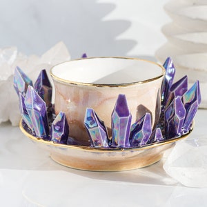 Aura Crystal Cup and Saucer Set | CHOOSE YOUR COLOR | Unique handmade ceramic cup and saucer set for tea lovers