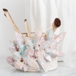 Aura Prism Crystal Tumbler Handmade ceramic brush holder for an elegant way to display your makeup brushes with a touch of natural beauty image 4