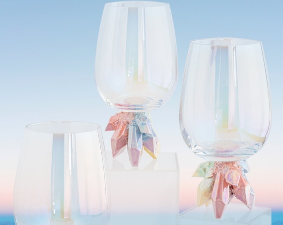 MADE-TO-ORDER: Aura Rainbow Crystal Stemware  (Set of Two) Champagne Flutes/ Wine Glasses