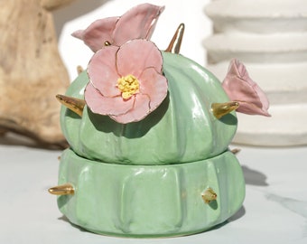 Handmade Ceramic Cactus Jewelry Box – Artisan Crafted, 22kt Gold Accents, Unique Hand-Painted Design