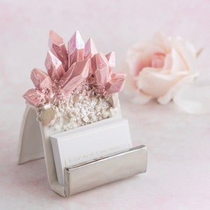 Crystal Business Card Holder CHOOSE YOUR COLOR Handmade ceramic crystal business card holder for a unique desk accessory Aura Rose Quartz