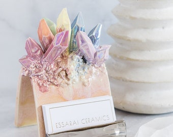 Rainbow Crystal Business Card Holder | Handmade ceramic crystal business card holder for a unique and artistic desk accessory