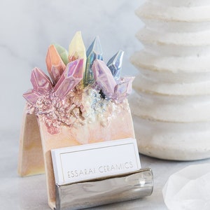 Rainbow Crystal Business Card Holder | Handmade ceramic crystal business card holder for a unique and artistic desk accessory