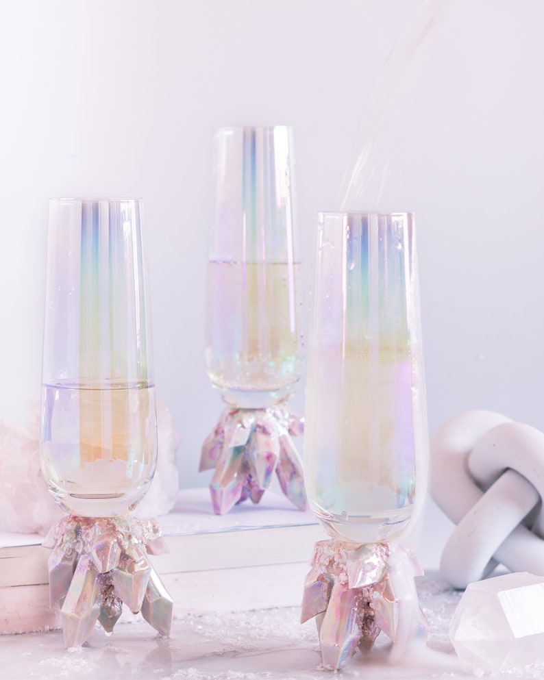 Aura Prism Crystal Champagne Flutes Set of Two Handmade ceramic crystal based champagne flutes, adding elegance to the table setting image 1