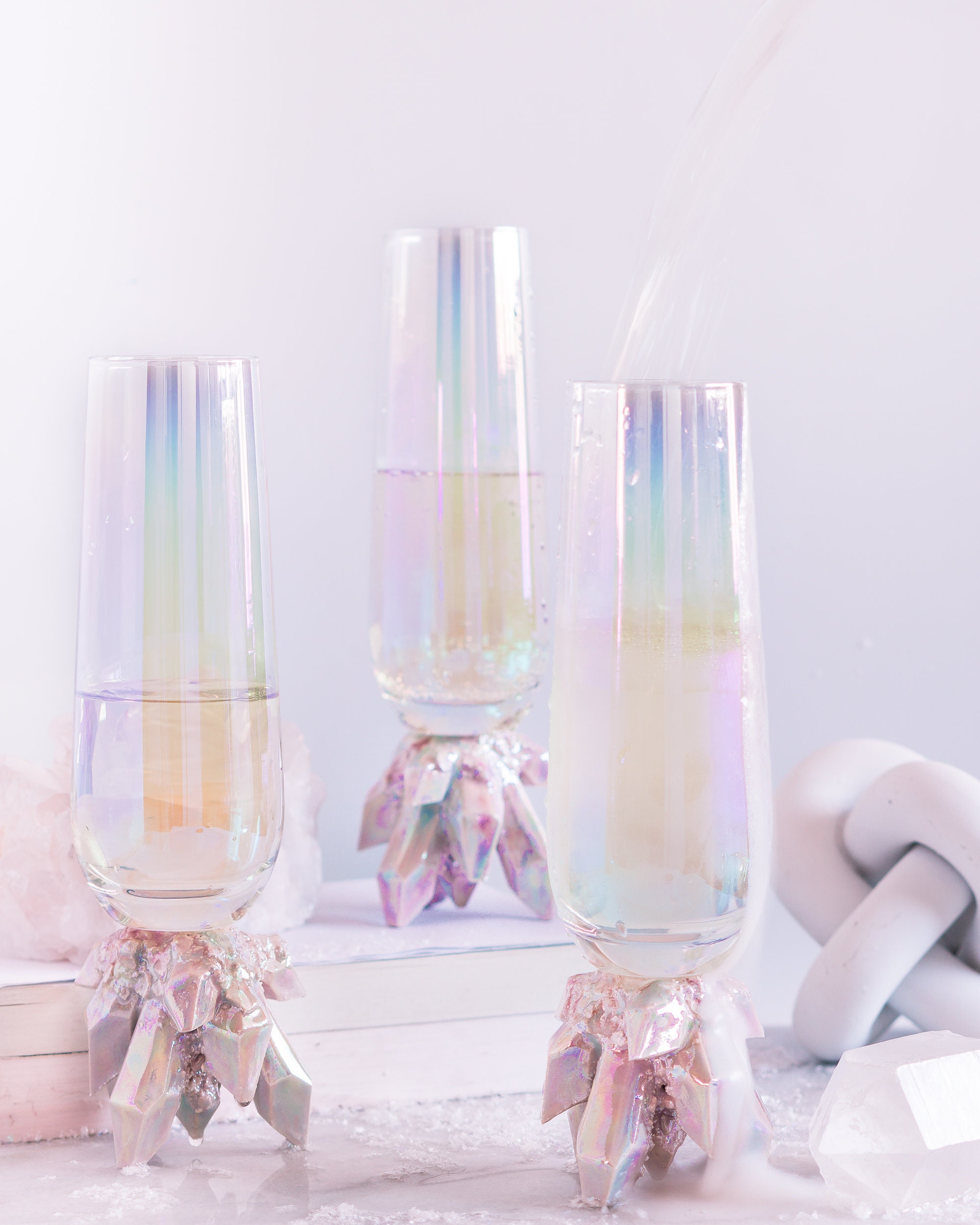 Champagne Flutes W/ Aura Prism Crystals set of