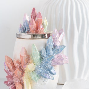 Aura Rainbow Crystal Canister Handmade ceramic crystal urn for a personalized and artistic memorial Platinum