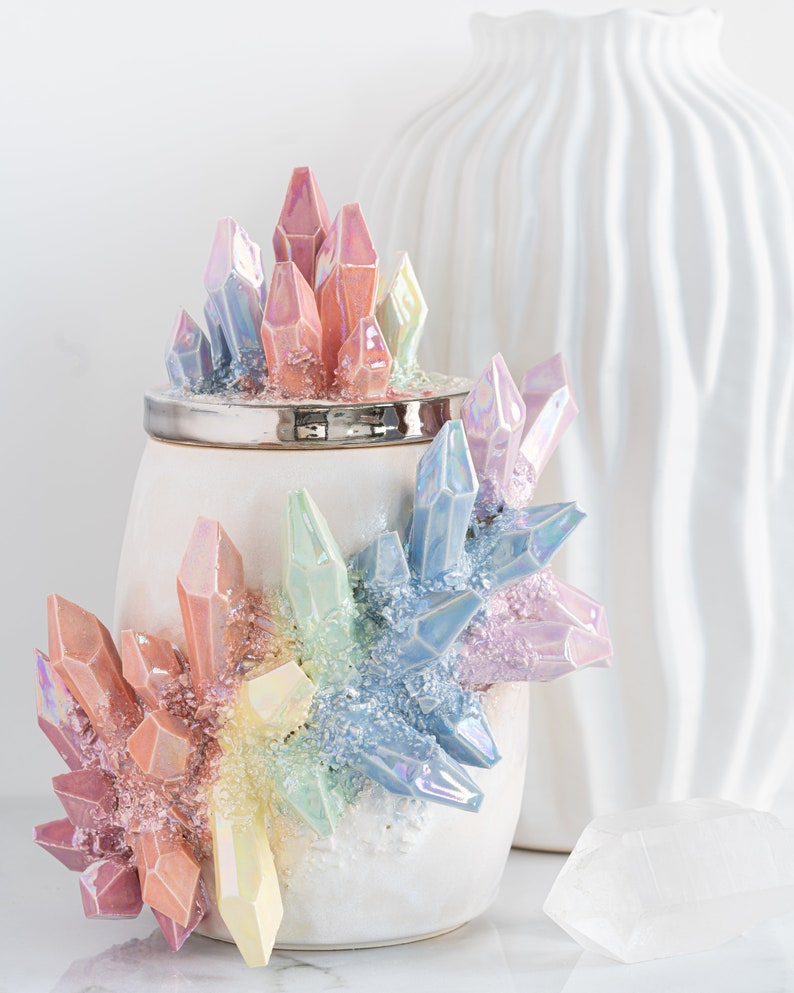 Aura Rainbow Crystal Canister Handmade ceramic crystal urn for a personalized and artistic memorial Platinum