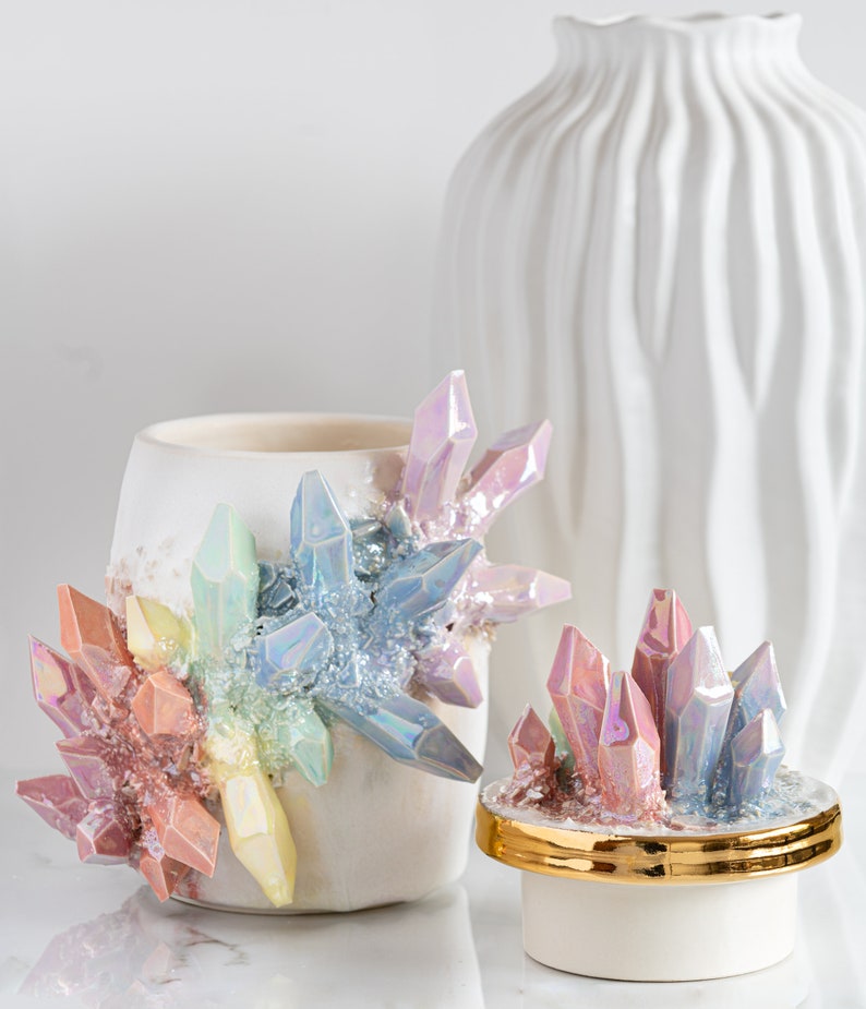 Aura Rainbow Crystal Canister Handmade ceramic crystal urn for a personalized and artistic memorial image 3