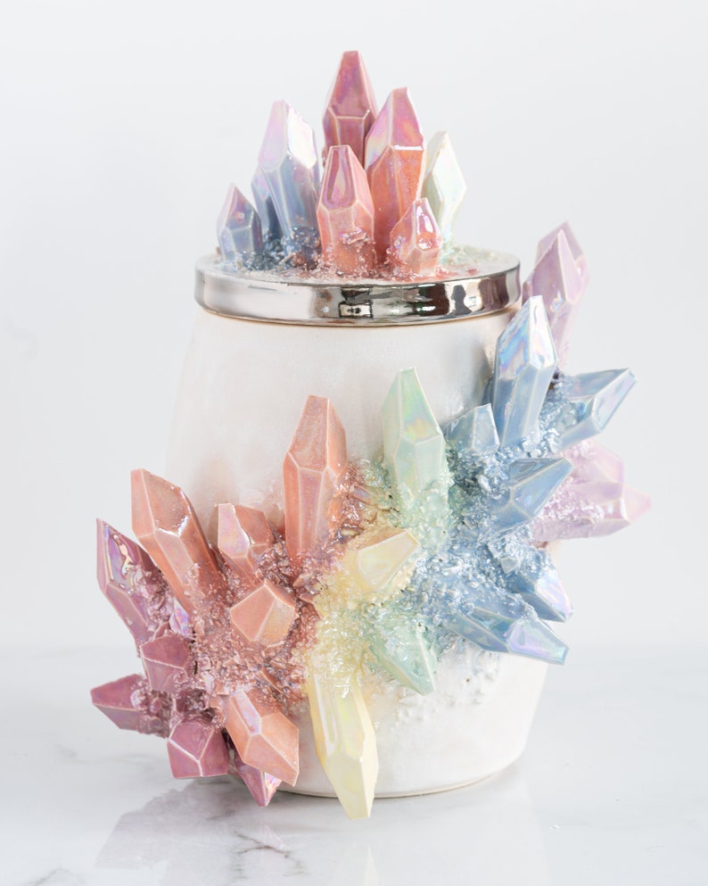 Aura Rainbow Crystal Canister Handmade ceramic crystal urn for a personalized and artistic memorial image 4