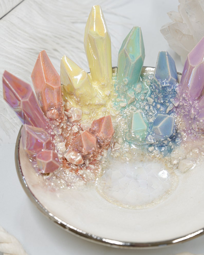 6 Rainbow Crystal Dish Handmade ceramic crystal dish for a unique and elegant jewelry holder image 6