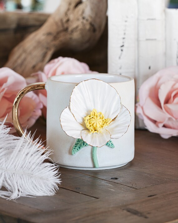 Handcrafted Poppy Mug with 22kt Gold Accents - Pottery Wheel Thrown and Hand-Painted